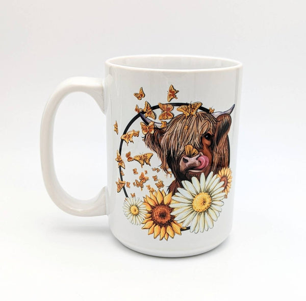Highland Cow with Sunflowers Mug