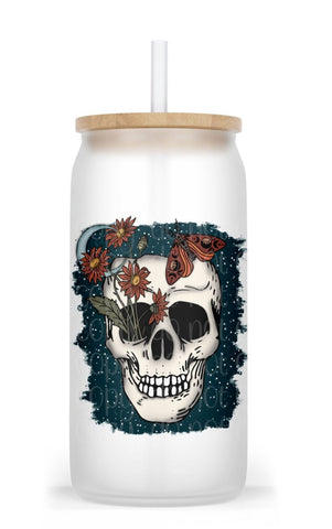 Skull with Moth and Flowers Frosted Glass Cup