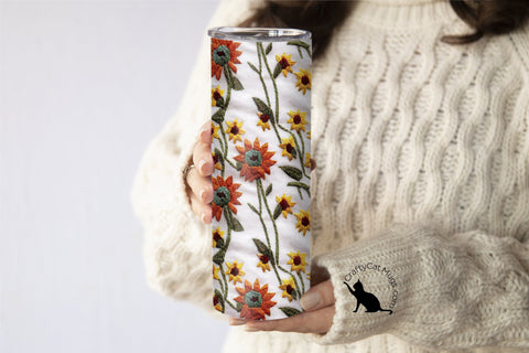 Fall Flowers White Embroidery Look Tumbler